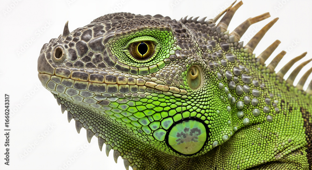 Fototapeta premium Close-up portrait of a vibrant green iguana with scales and spikes against a pure white isolated background showing its detailed reptilian features
