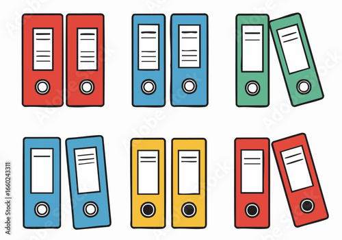 Set of colorful cartoon ring binders and document folders in red, blue, green, and yellow for office organization and archiving.