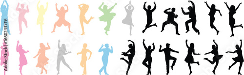 Colorful and black dancing silhouettes of men and women in various poses, energetic motion, modern vector design, isolated background