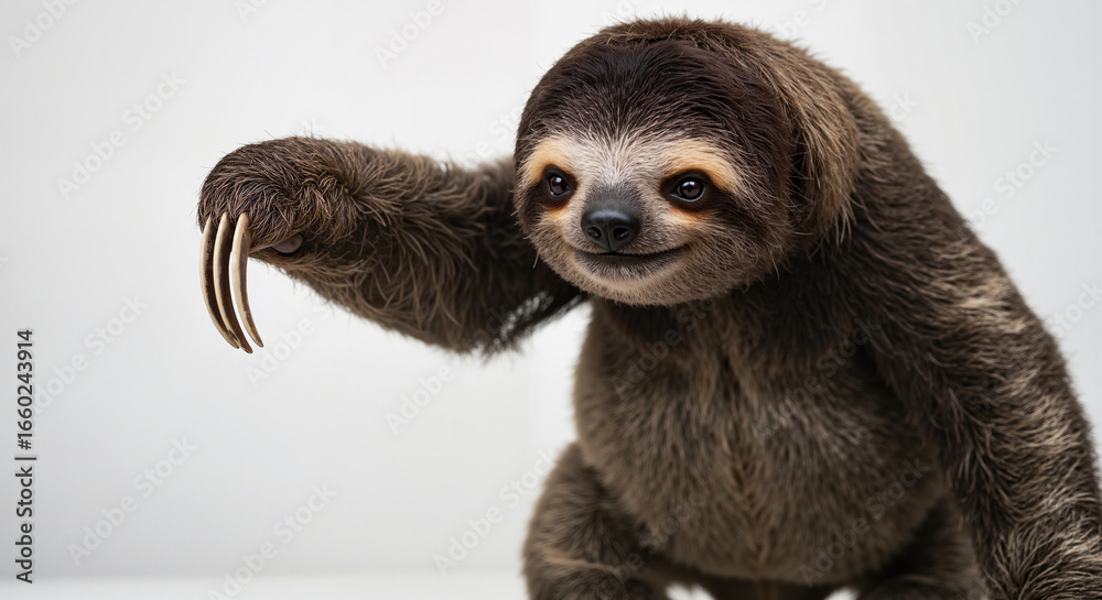 Fototapeta premium A Cute Baby Three Toed Sloth Raises Its Clawed Paw In A Playful Greeting On An Isolated White Background