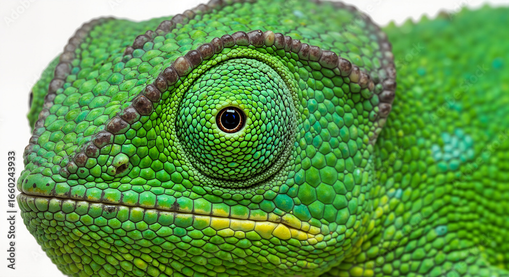 Fototapeta premium A Detailed Close Up Shot of a Vibrant Green Chameleon Showing Its Unique Scaly Texture and Large Eye on a Clean White Background in Natural Light