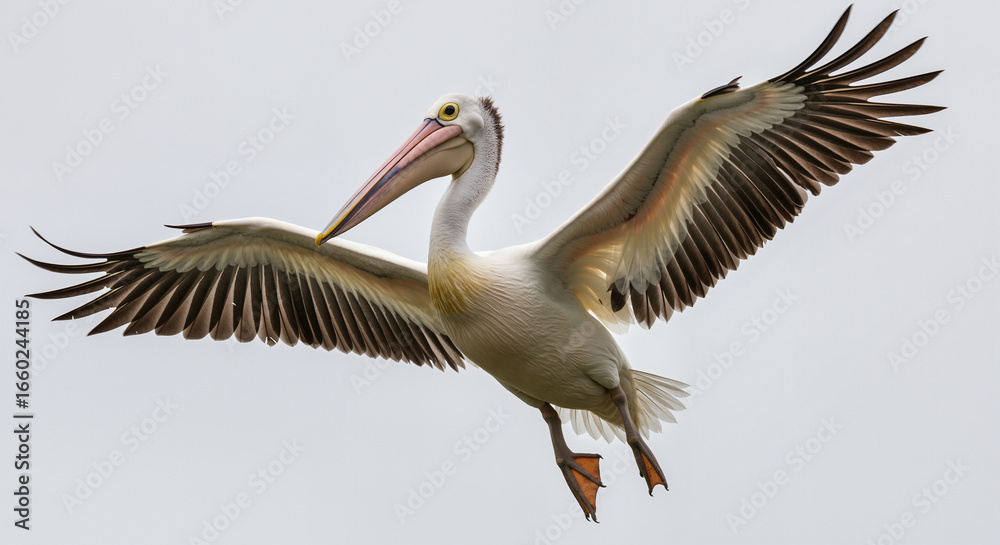 Fototapeta premium Majestic Pelican Soaring Gracefully Through a Clear Sky Displaying its Expansive Wingspan in a Stunning Aerial Flight