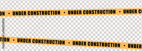 Under construction yellow warning tape safety stripe. Caution barrier stripe for safety zone, blocked area, website page, road work, site maintenance, redesign progress. Vector illustration.