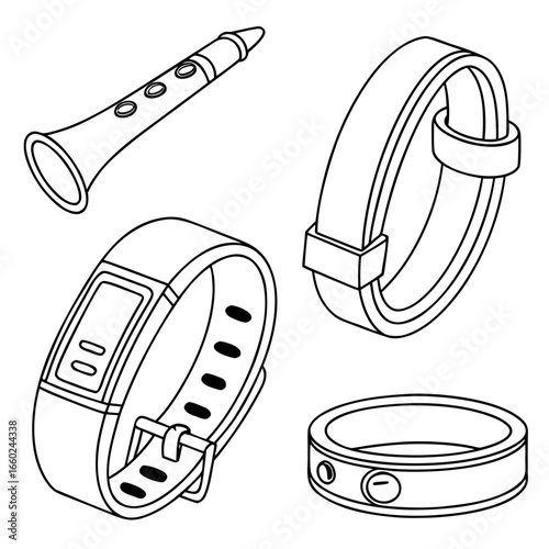 Collection of electronic wearable devices including fitness trackers and a clarinet musical instrument