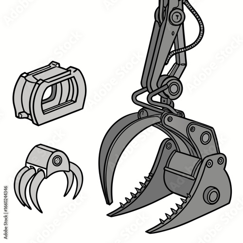 Collection of industrial grapple attachments for heavy machinery and construction equipment