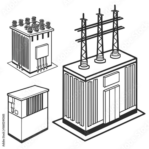 Collection of isometric line art illustrations of electrical transformers and substation equipment on a white background