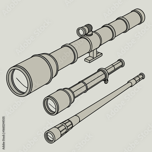 Collection of vintage style telescopes presented in an isometric view against a neutral background