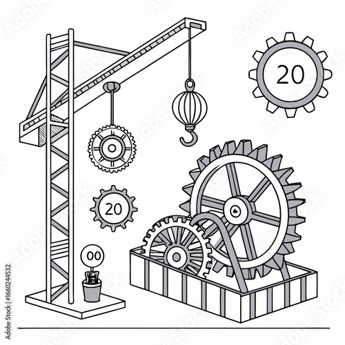 Construction crane lifting gears and mechanical components for building a complex machinery system