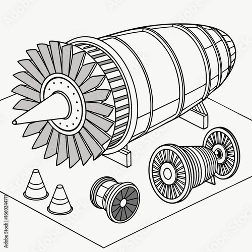 Detailed isometric illustration of a jet engine with separate components and cones on a flat surface