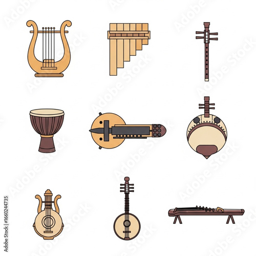 Collection of ethnic musical instruments: lyre, panpipes, flute, drum, and stringed instruments.