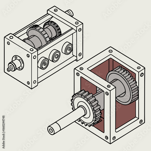 Detailed isometric illustration of a mechanical gearbox with exposed gears and internal components