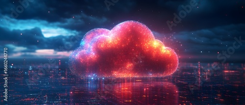 A red cloud with a city in the background