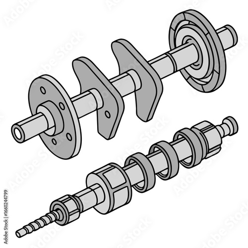 Detailed isometric illustration of disassembled mechanical components including shafts gears and bearings for engineering and industrial concepts
