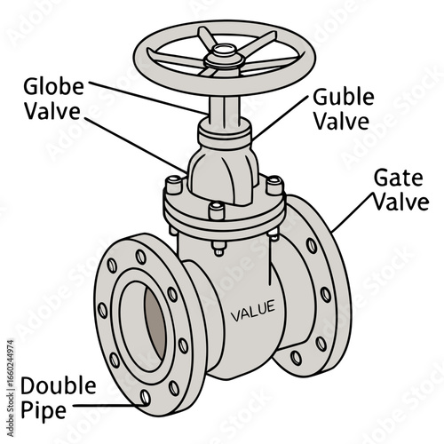 Diagram of a flanged industrial valve with labels pointing to different parts and types of valves