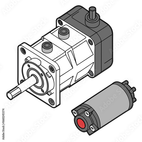 Isometric illustration of a hydraulic pump and a starter motor on a white background