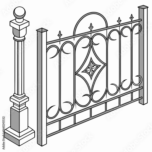 Ornate wrought iron fence section with decorative scrollwork and a matching post