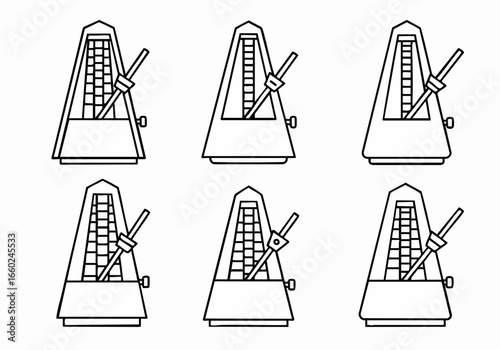 Monochrome outline icons of classic metronomes in various positions, illustrating rhythm, tempo, and music practice instruments.