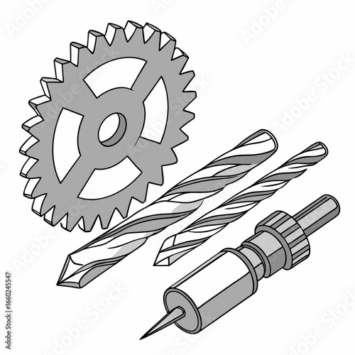 Set of assorted drill bits and a metal gear for mechanical engineering and diy projects