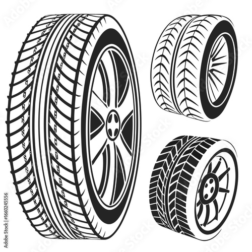 Set of three black and white stylized car tires and wheels with detailed treads and rims