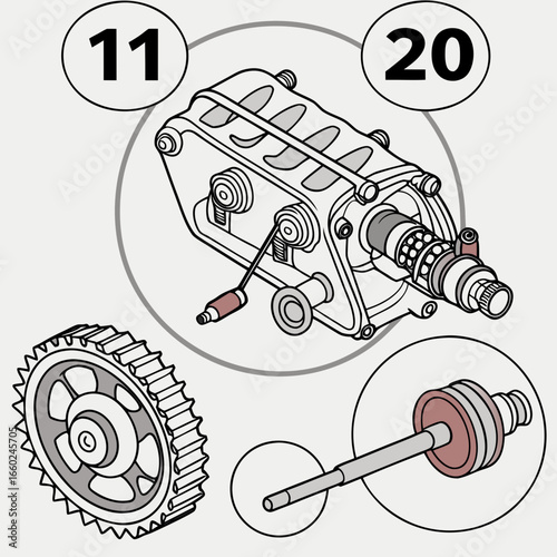 Technical illustration of a mechanical assembly with a gear and a shaft with multiple discs