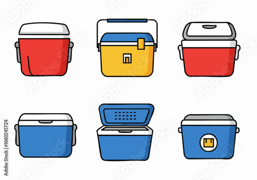 Collection of Colorful Cooler Box Illustrations for Outdoor Activities and Beverages