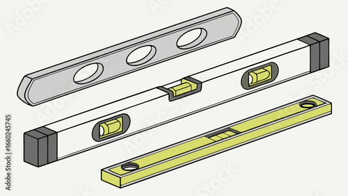 Three different types of spirit levels shown from an isometric perspective on a white background