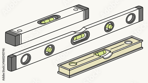 Three different types of spirit levels shown in an isometric view against a light background