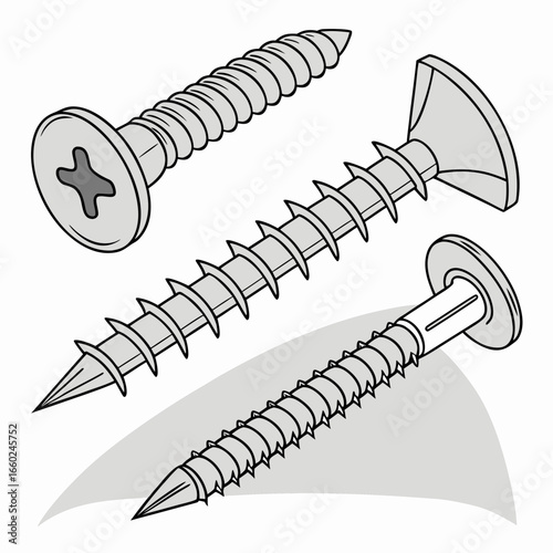 Three different types of screws illustrated in grayscale with a simple graphic element