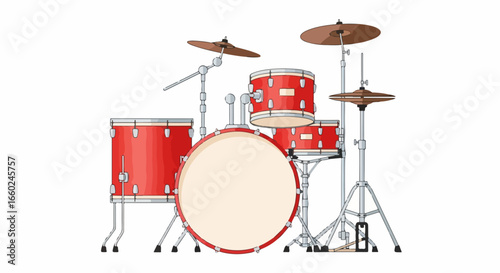 A complete red acoustic drum kit with bronze cymbals and chrome hardware stands.