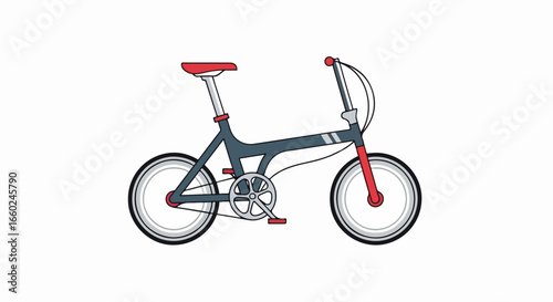 A stylized illustration of a retro compact bicycle with red handlebars, saddle, and forks.