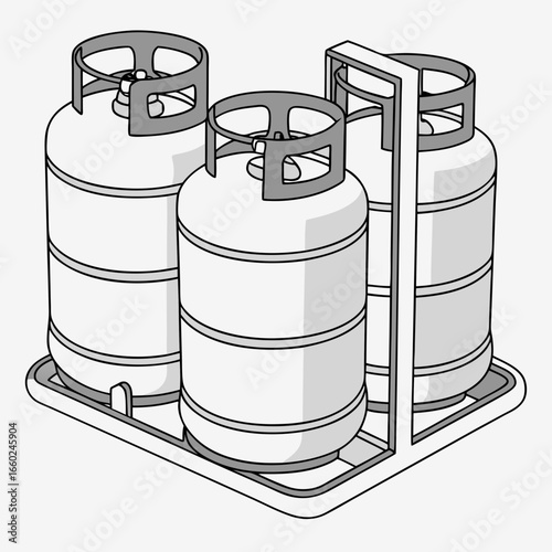 Three white propane gas cylinders with gray tops and handles are secured in a gray stand on a gray tray