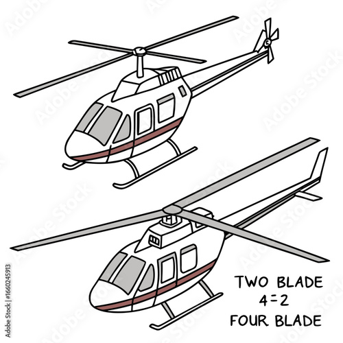 Two helicopters displayed side by side illustrating a comparison of two blade and four blade rotor systems
