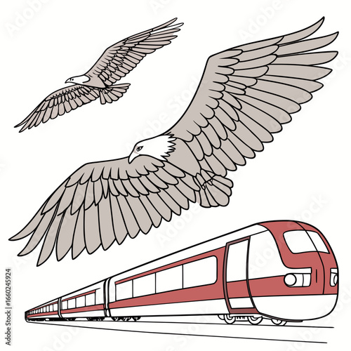 Two majestic eagles soar above a modern red and white high speed train on white background