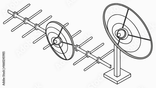 Vector illustration of a yagi uda antenna and a parabolic dish antenna on a white background