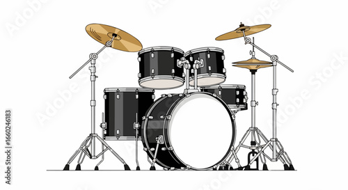 Detailed Illustration of a Black Drum Kit with Cymbals.