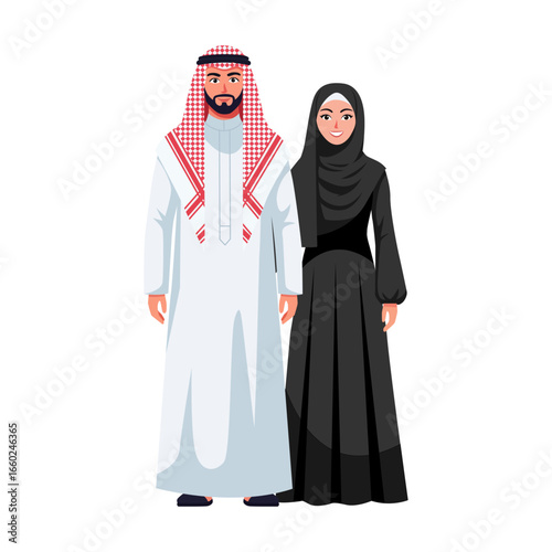 A full-body vector illustration of a smiling Arabian couple. The man wears a traditional white thobe and red keffiyeh, while the woman is in a black abaya and hijab. Vector illustration.