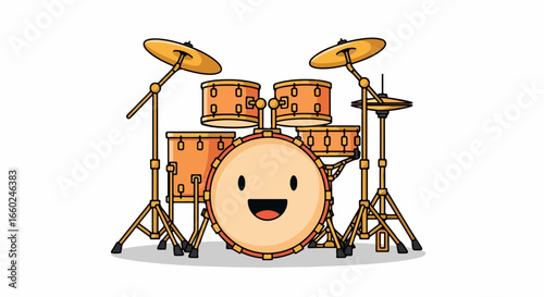 Cartoon Drum Set with Smiling Face and Cymbals.