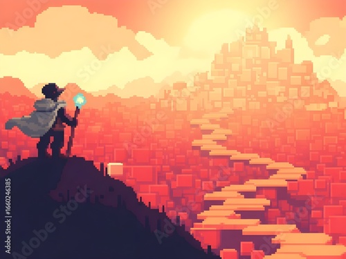 Pixel art adventurer with staff on a hill overlooking a glowing path at sunset