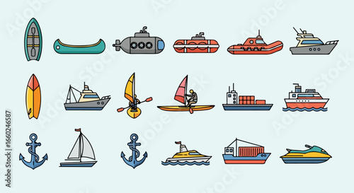 Colorful vector icon set of various boats, ships, and water transportation vehicles.
