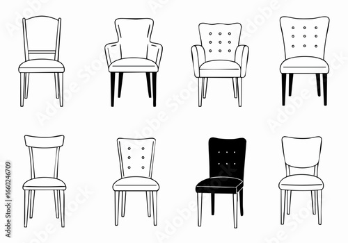 Collection of diverse outline chairs and armchairs, including dining chairs and tufted designs, in a minimalist vector style on a white background.