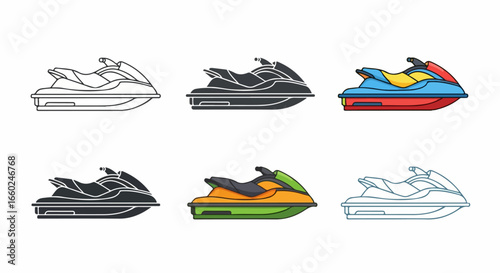 Jet Ski Set - Watercraft Illustrations in Various Styles and Colors.