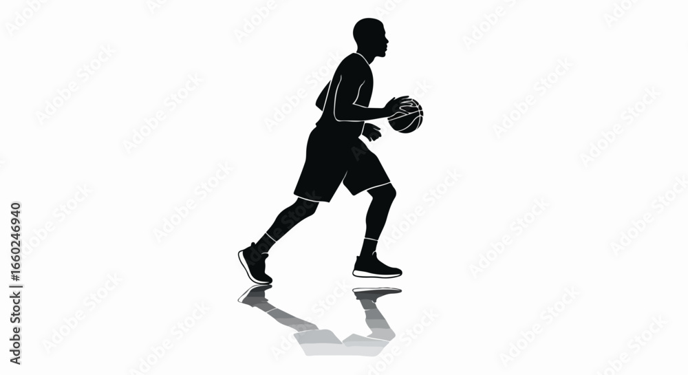 Fototapeta premium Silhouette of a basketball player dribbling a ball.