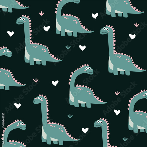 brontosaurus dinosaur green cute cartoon seamless pattern design for kids apparel fullprint fabric