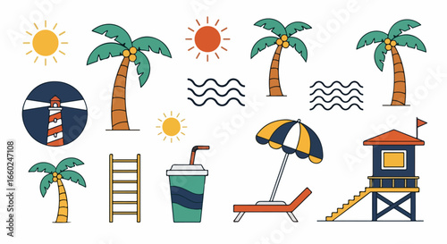 Colorful Beach and Summer Vacation Icons Set.