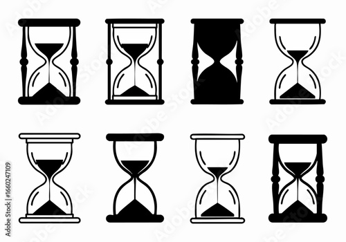 Set of diverse hourglass icons, symbolizing time, measurement, deadlines, and the passing of moments, in black and white silhouette and outline styles.