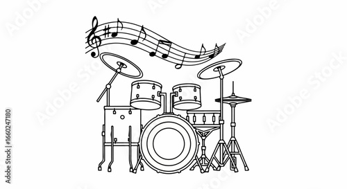 Drum Set with Musical Notes Illustration.