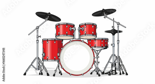 Realistic illustration of a shiny red five-piece acoustic drum set with black cymbals and chrome hardware.
