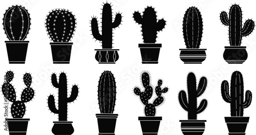 Set of Black Silhouette Cactus Icons in Pots, Decorative Vector Collection for Home Decor, Nature Art, and Design Projects