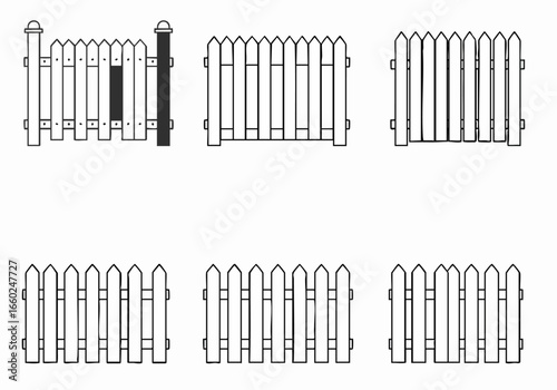 Black and White Picket Fence Line Art Collection: Various Traditional and Classic Wooden Fence Designs, Including a Gate Post and a Missing Picket.