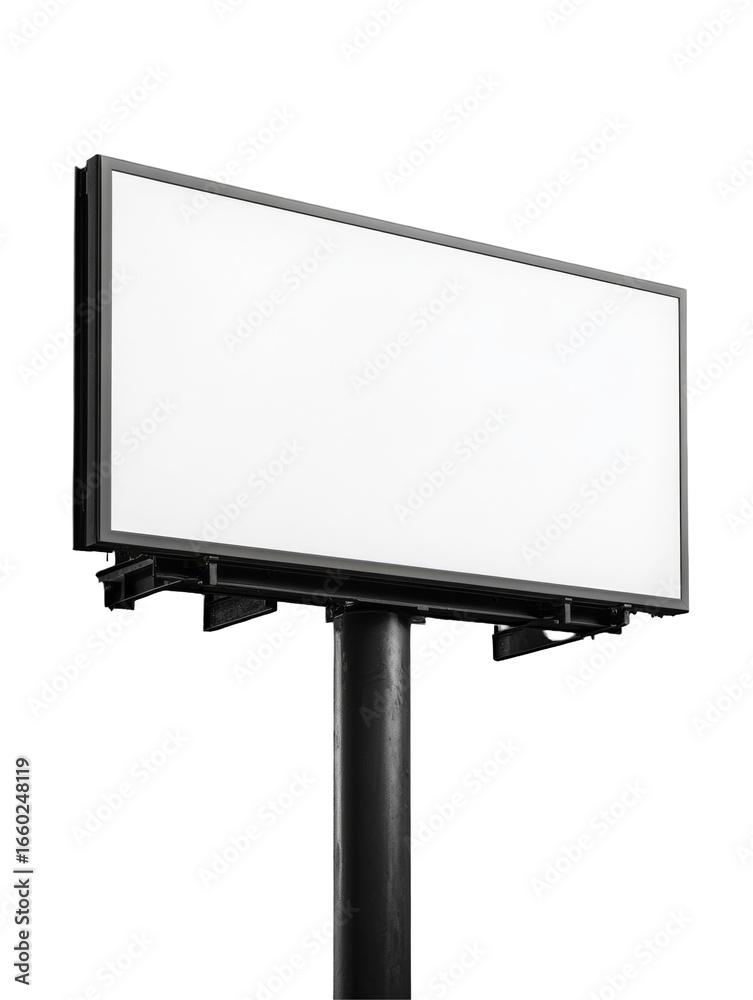 Fototapeta premium Blank white billboard on black pole isolated on white background for design and advertising